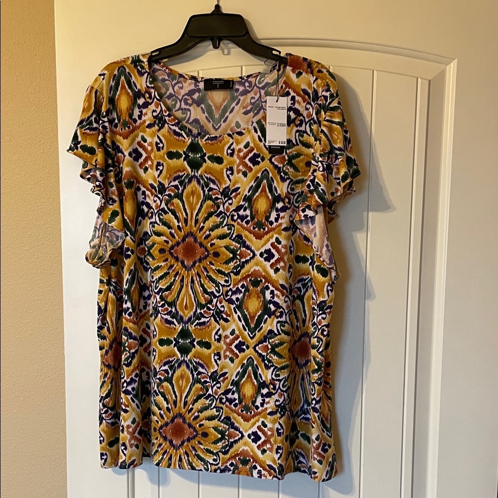 Tahari Yellow and Purple Patterned Blouse, NWT